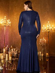 Navy Blue Surplice V‑Neck Ruched Slit Long‑Sleeve Plus‑Size Sheath Evening Gown