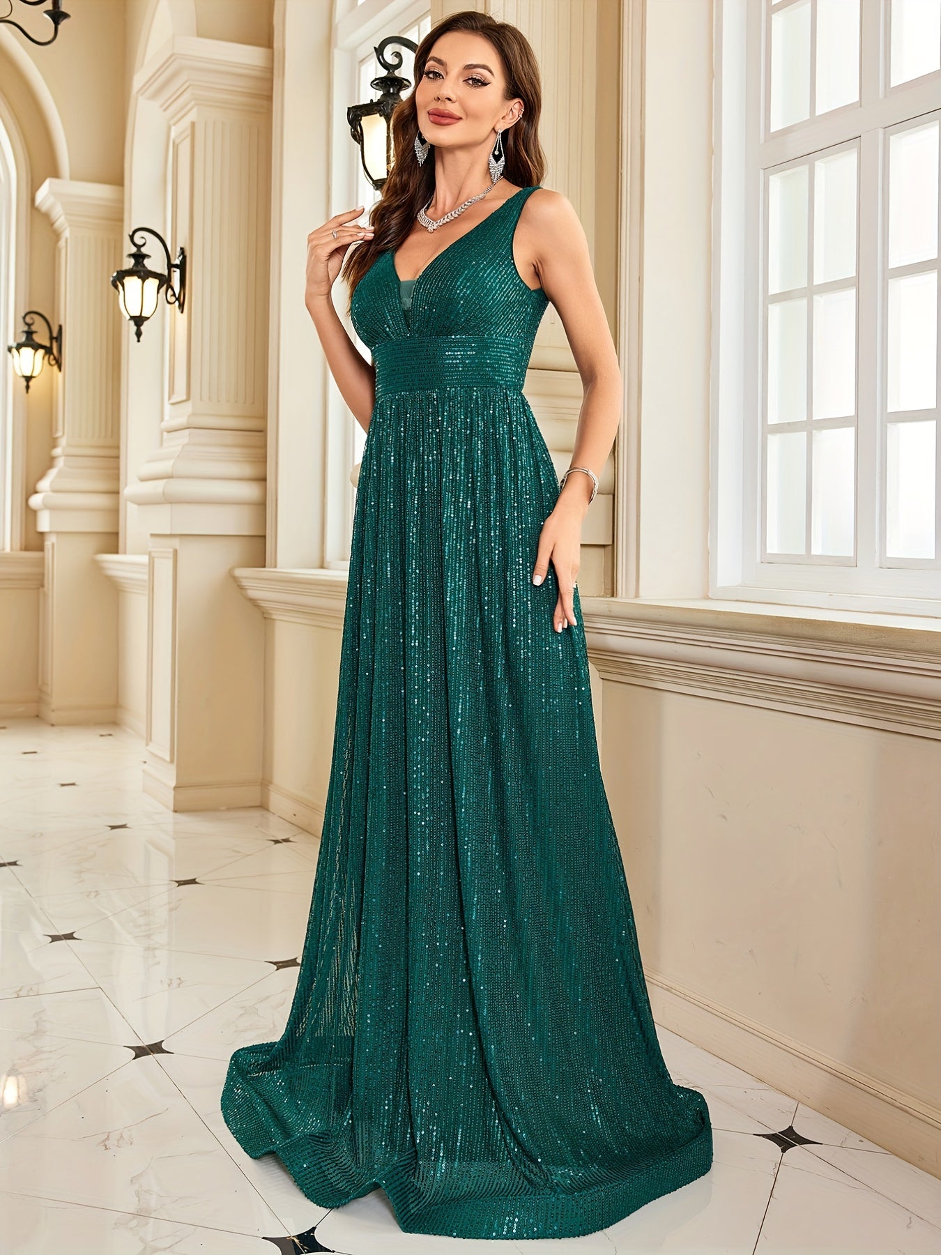 Sequin Pleated Sleeveless Bridesmaid Dress, Elegant V-neck Floor Length Dress For Wedding Party | XUIBOL