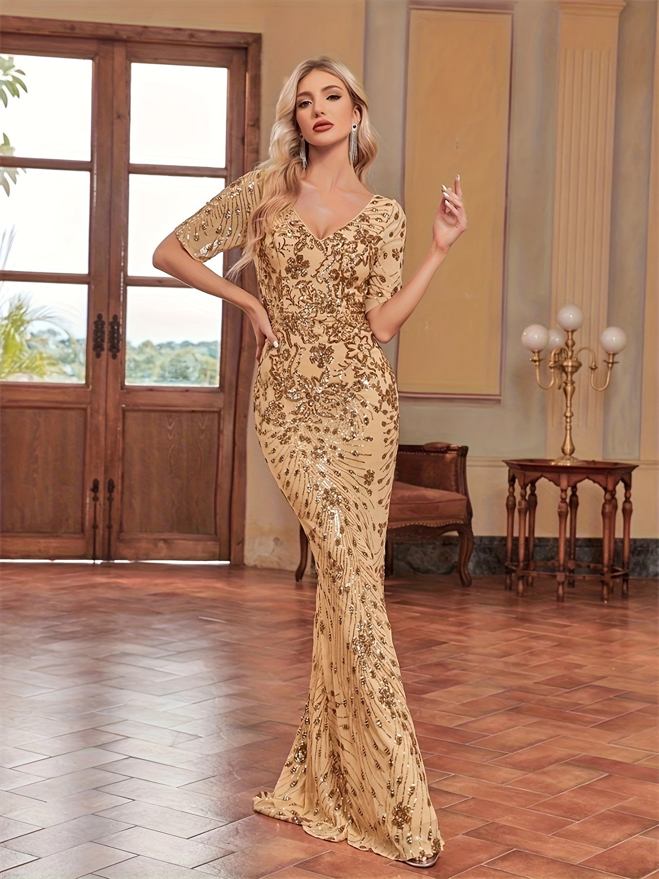 Floral Pattern Sequined Mermaid Dress, Elegant V-neck Short Sleeve Dress For Party & Banquet | XUIBOL