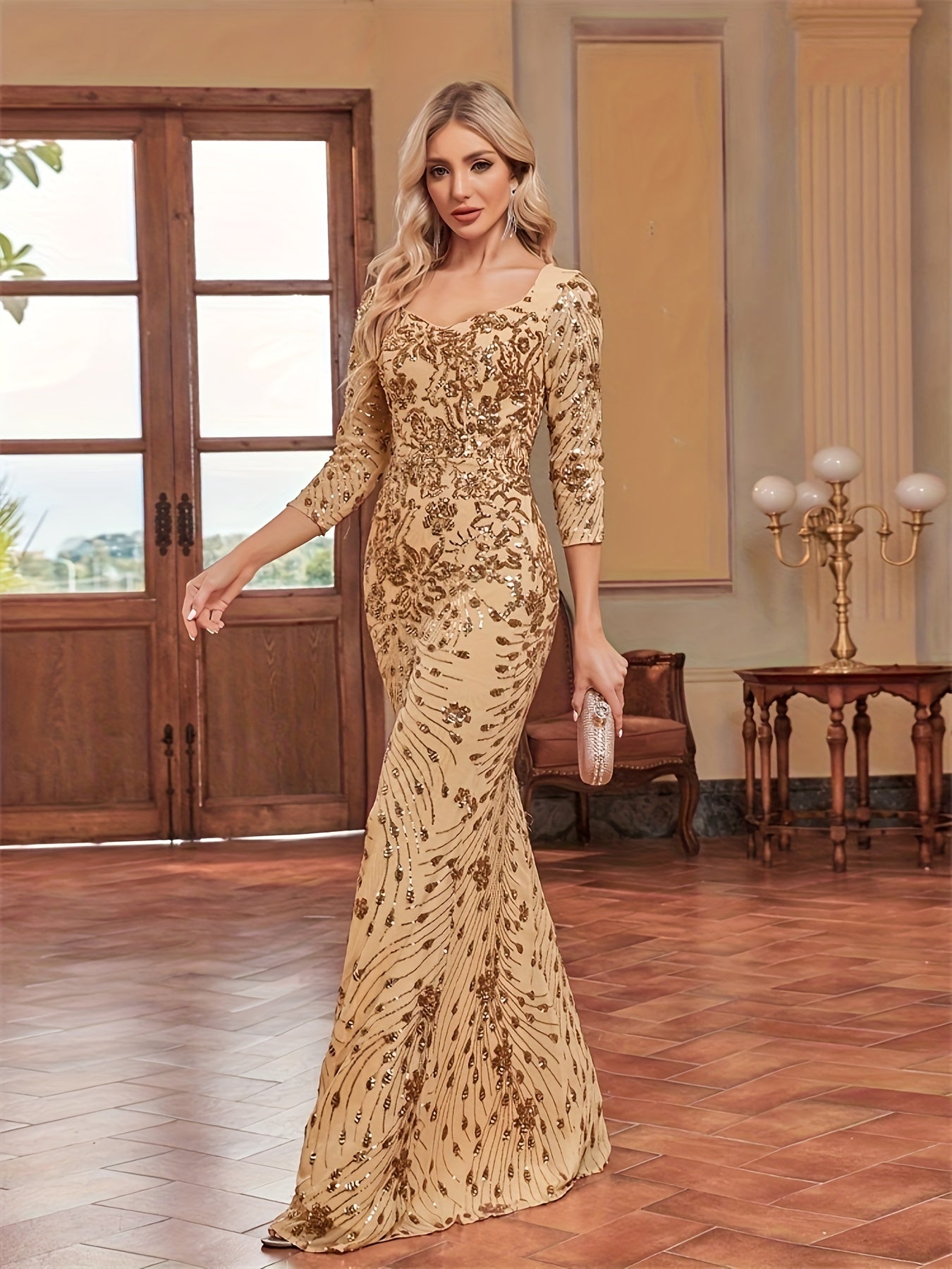 Sequin Decor Mermaid Bridesmaid Dress, Elegant Three-quarter Sleeve Slim Dress For Wedding Party | XUIBOL