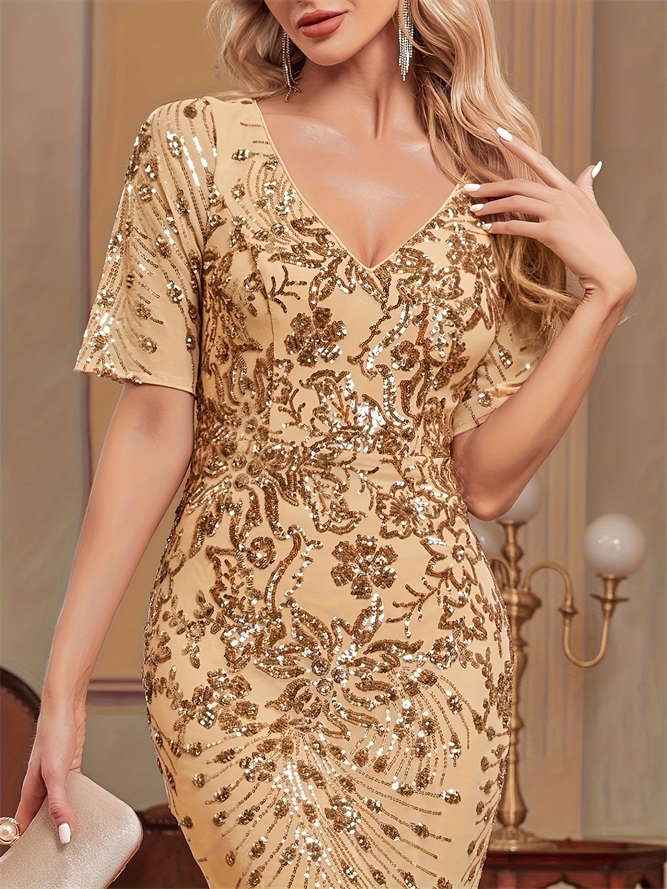 Floral Pattern Sequined Mermaid Dress, Elegant V-neck Short Sleeve Dress For Party & Banquet | XUIBOL