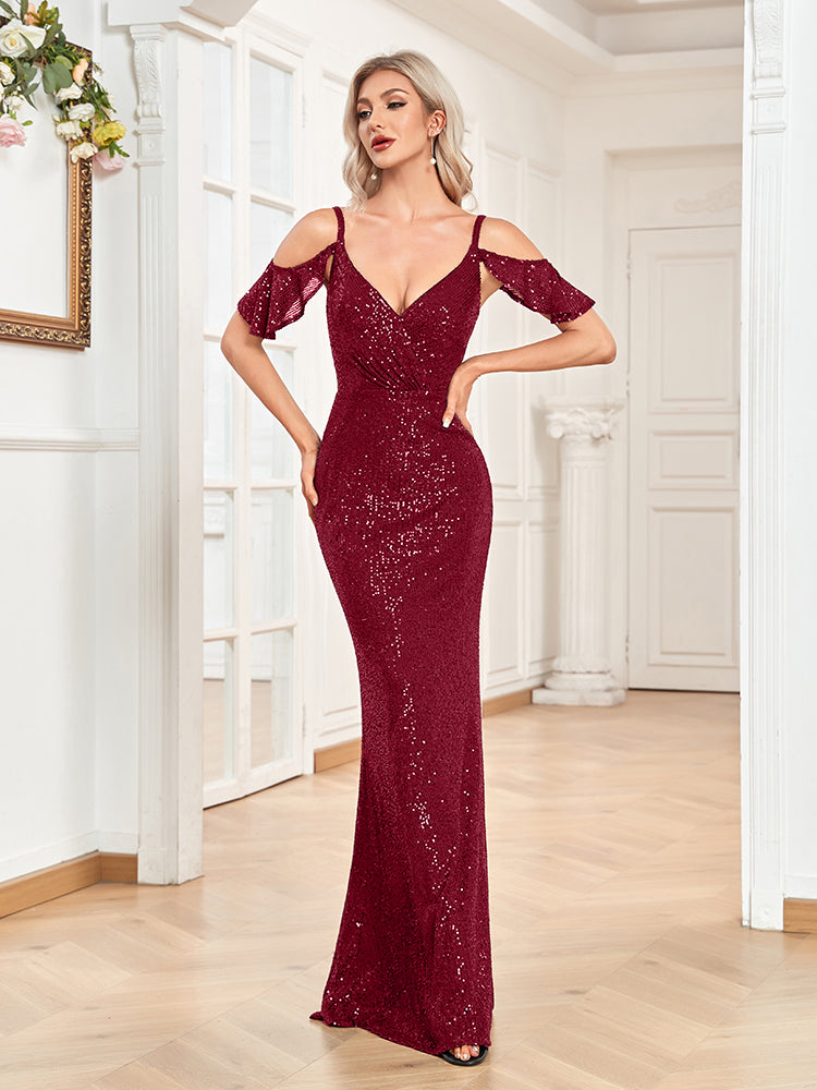 XUIBOL | Off-the-shoulder_Sequin_and_Beaded_A line_Gown_Burgundy
