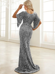 silver sweetheat neck wedding dress