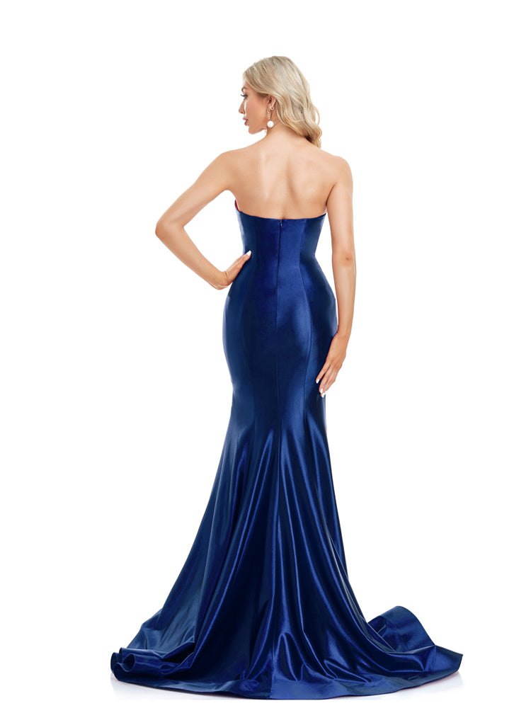XUIBOL Strapless Satin A-line With Pleated Skirt Navy Blue