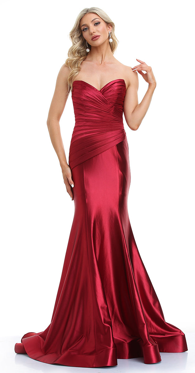 XUIBOL Strapless Satin A-line With Pleated Skirt Burgundy