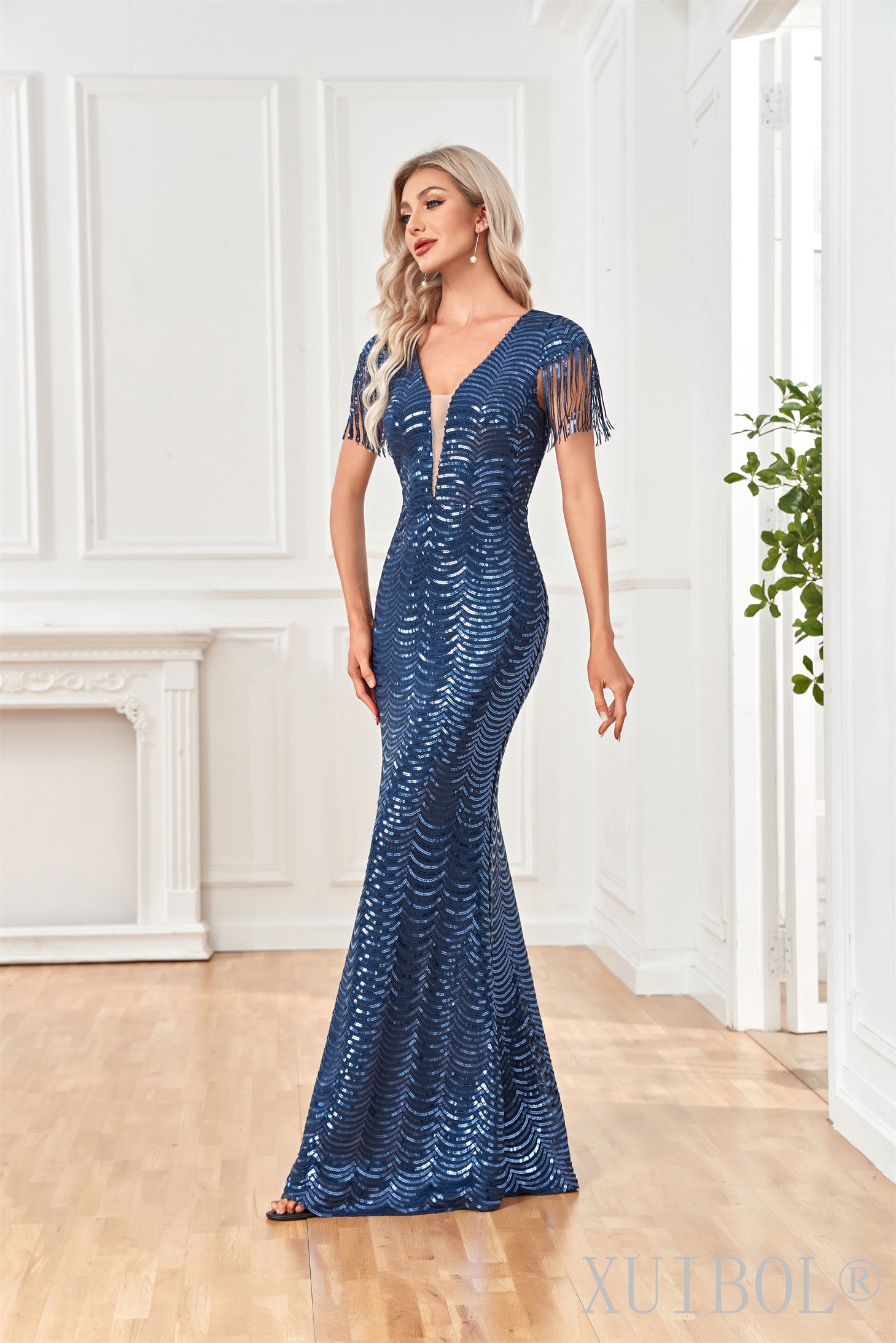 XUIBOL | plunging sequin stream whiskers and beaded a-line gown