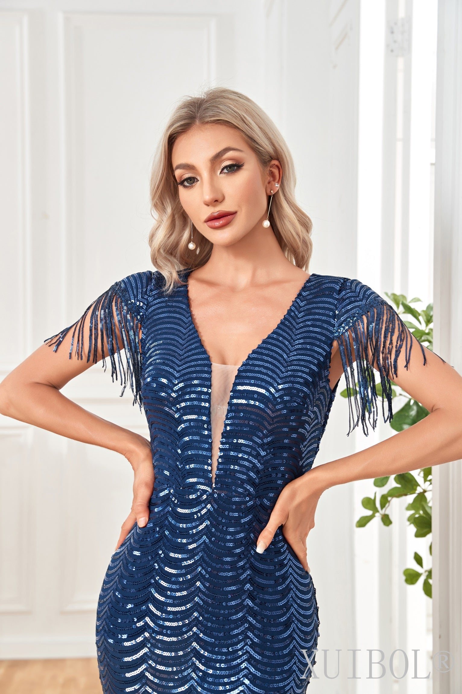 XUIBOL | Plunging_Sequin_and_Beaded_A line_Gown_Navy