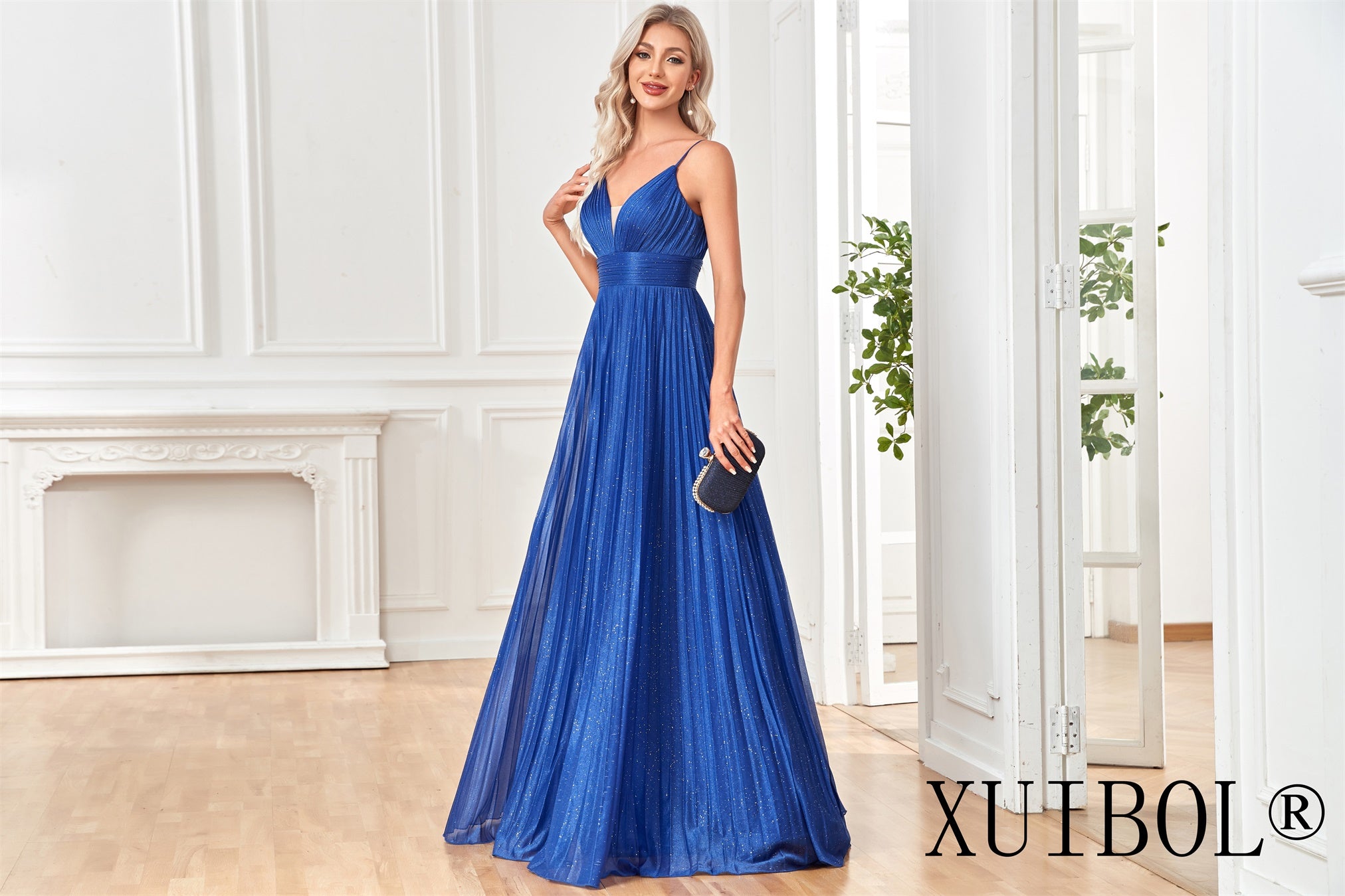 XUIBOL | Navy_Blue_Hot Silver_spaghetti_strap_Dress_Navy_Blue