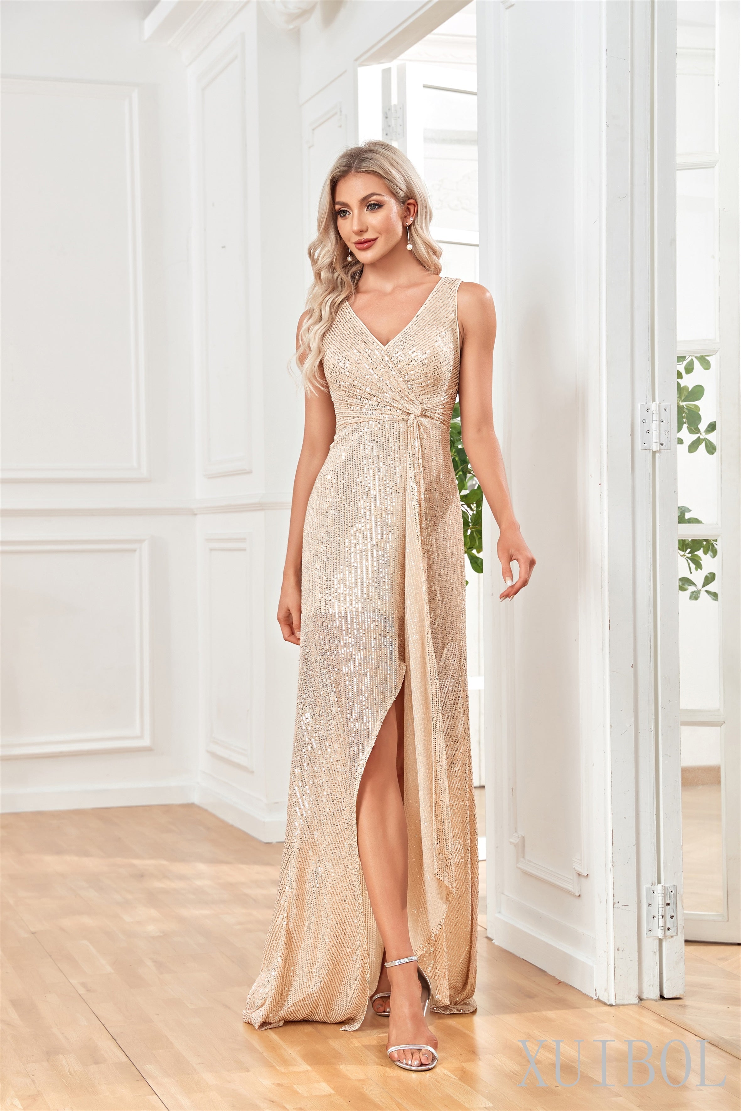 XUIBOL | v-neck Sequin_Gown_With_Knot_Detail_Champagne