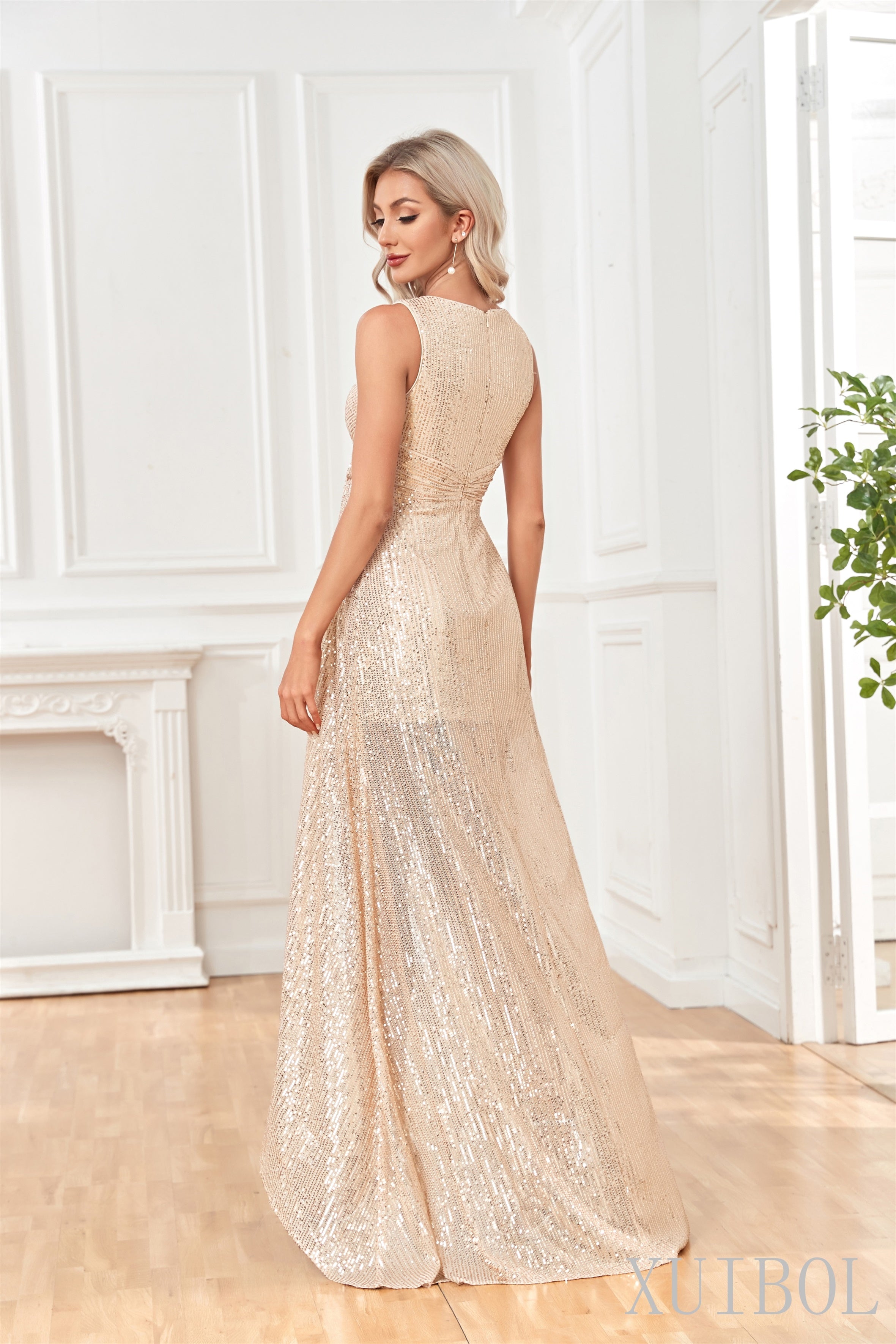 XUIBOL | v-neck Sequin_Gown_With_Knot_Detail_Champagne