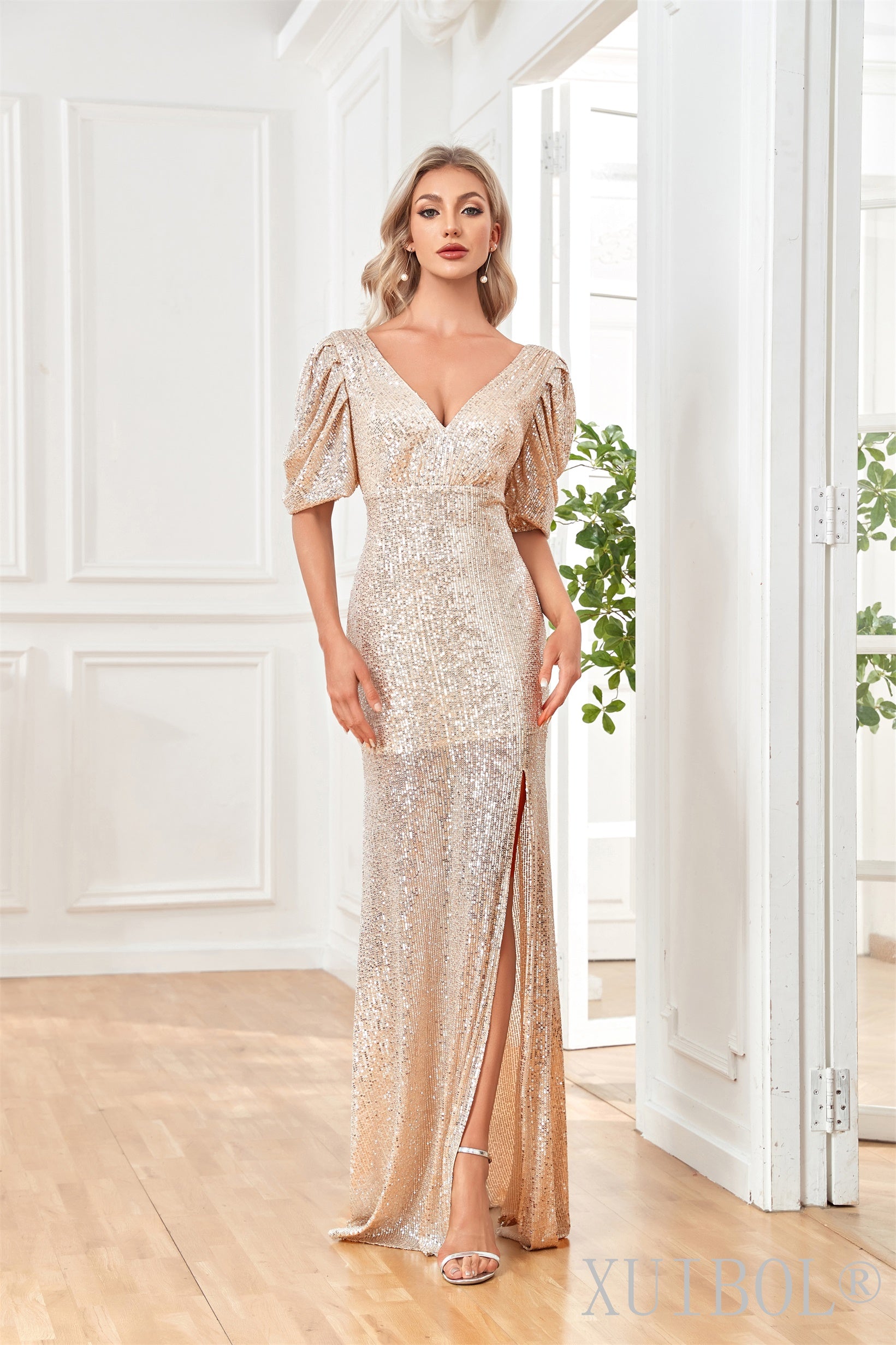 XUIBOL | v-neck_sequin_a-line_dress_with flutter_sleeves_champagne