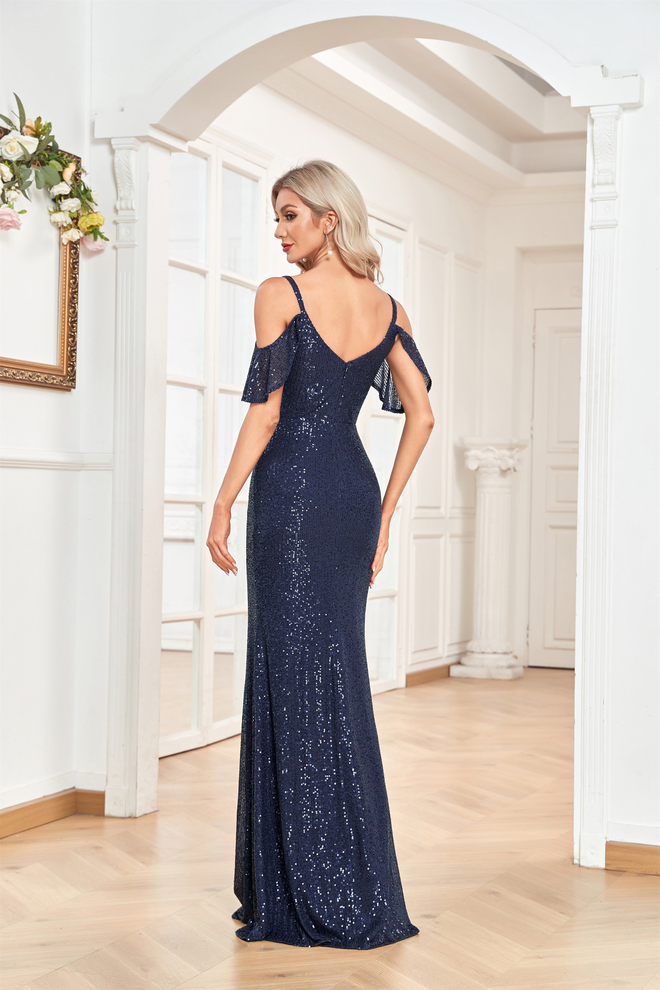 XUIBOL | Off-the-shoulder_Sequin_and_Beaded_A line_Gown_Navy_Blue