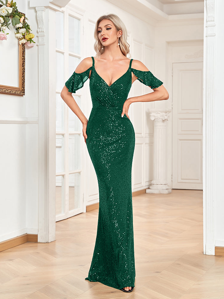 XUIBOL | Off-the-shoulder_Sequin_and_Beaded_A line_Gown_Dark_Green
