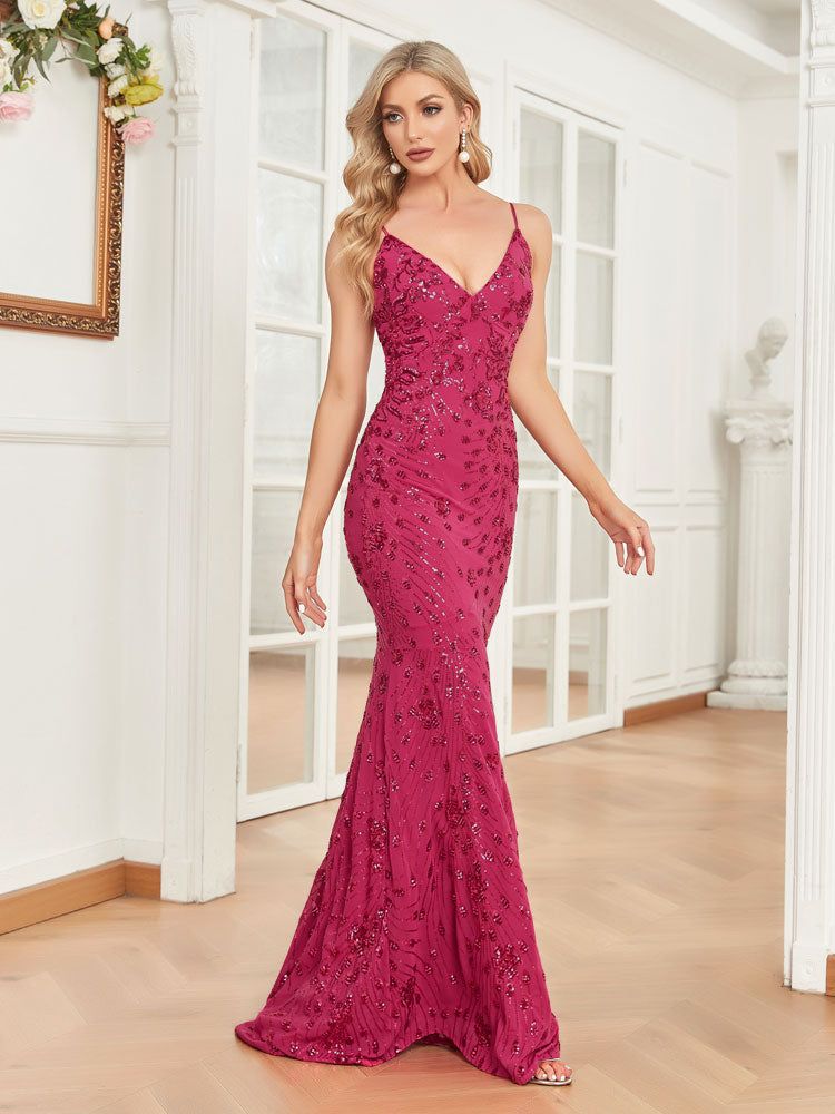 XUIBOL Sequin Damask Pattern Spaghetti Strap Gown Rose Red